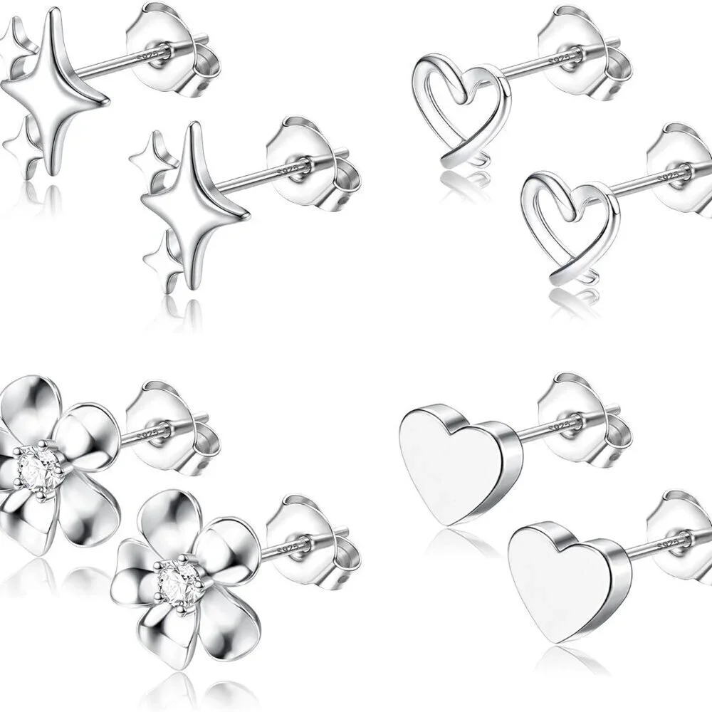 Sterling Silver Stud Earrings for Women Hypoallergenic Gift Set 4 Styles